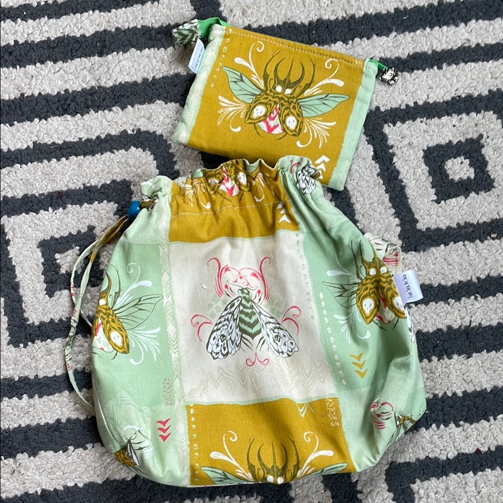 Cotton drawstring bag with matching small bag